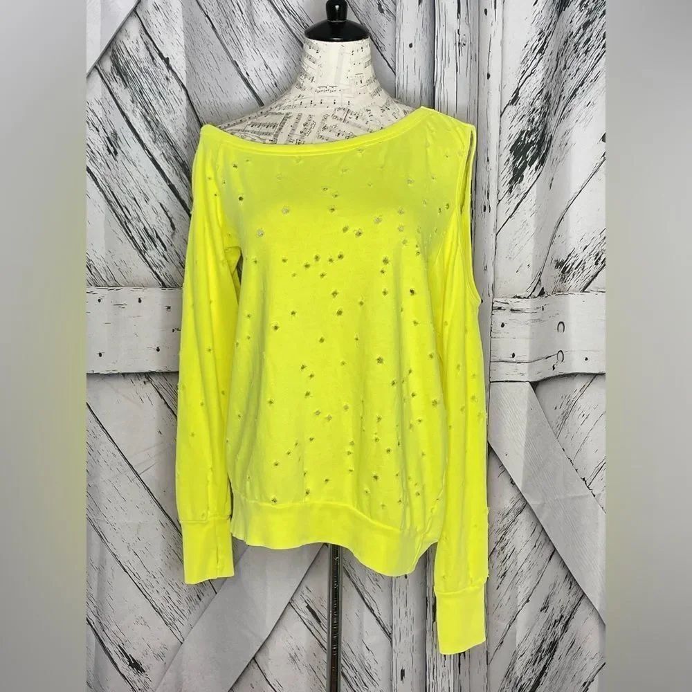 MICHAEL LAUREN neon yellow off the shoulder distressed top w/thumbholes S